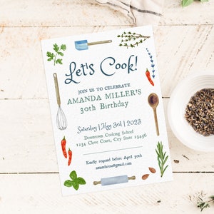Koken uitnodiging voor feest - digitaal bestand / sjabloon / downloaden / groen / aanpassen / aquarel / Food Chef / RSVP / klasse / verjaardag / evenement