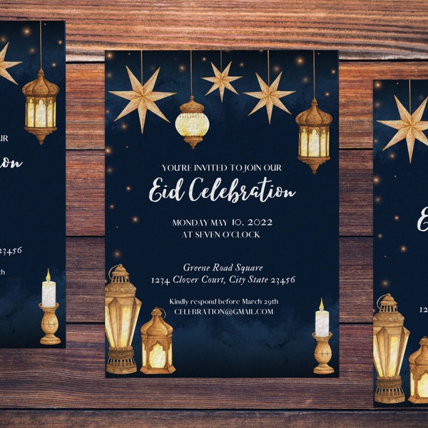 Eid Celebration Invitation 5x7 -Digital File / Template / Download / Lanterns Night / Customize / Stars / Blue Black Candle / Dinner Fast