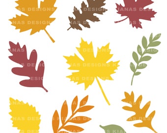May include: A set of nine autumn leaves in various colors, including yellow, orange, red, and brown. The leaves are in different shapes and sizes, and some have a more detailed vein pattern than others.