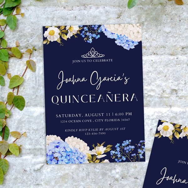 Quinceañera Invitation Floral -Digital File / Template / Download / 15 Birthday / Customize / Dark Blue Elegant /  Spanish 5x7 / Garden