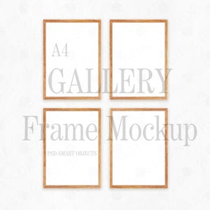 May include: Four brown wood picture frames with white mats, arranged in a square on a white background. The frames are empty and ready for photos or artwork. The text "A4 GALLERY Frame Mockup" is printed below the frames.