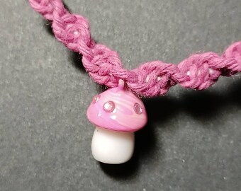 Pink Hemp Necklace With Pink water marbled Mushroom