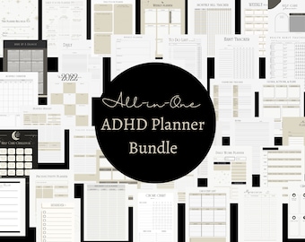 Könnte beinhalten: Ein Schwarzweißbild eines Planer-Bundles für Menschen mit ADHS. Das Bild zeigt verschiedene Planerseiten, darunter Tages-, Wochen- und Monatsplaner. Der Text "All-in-One ADHD Planner Bundle" ist in weißer Kursivschrift auf einem schwarzen Kreis geschrieben.