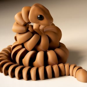 Puede incluir: Una escultura de serpiente de color marrón, segmentada y enroscada, con una cabeza grande y ojos negros. La serpiente está enroscada en una bola con la cola extendida hacia un lado. La escultura está etiquetada como "ZOU SNAKE".