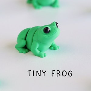 Op de afbeelding: Een verzameling van acht kleine, groene, 3D-geprinte kikkers. De kikkers zijn in een cirkel op een wit oppervlak gerangschikt. De tekst "TINY FROG" is in zwart onder de kikkers gedrukt.