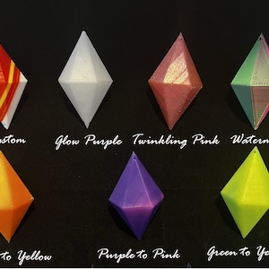 May include: Ten different colour options for a diamond-shaped resin charm. The colours include orange to yellow, purple to pink, green to yellow, glow purple, twinkling pink, watermelon, and custom.