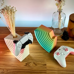 Könnte beinhalten: Zwei weiße Videospiel-Controller, einer mit schwarzem Gesicht und einer mit rosafarbenem Gesicht, werden auf einer Holzoberfläche angezeigt. Eine weiße und rosafarbene gestreifte Vase mit einem Strauß getrockneter Blumen steht links. Eine geometrische Form in Regenbogenfarben befindet sich rechts.