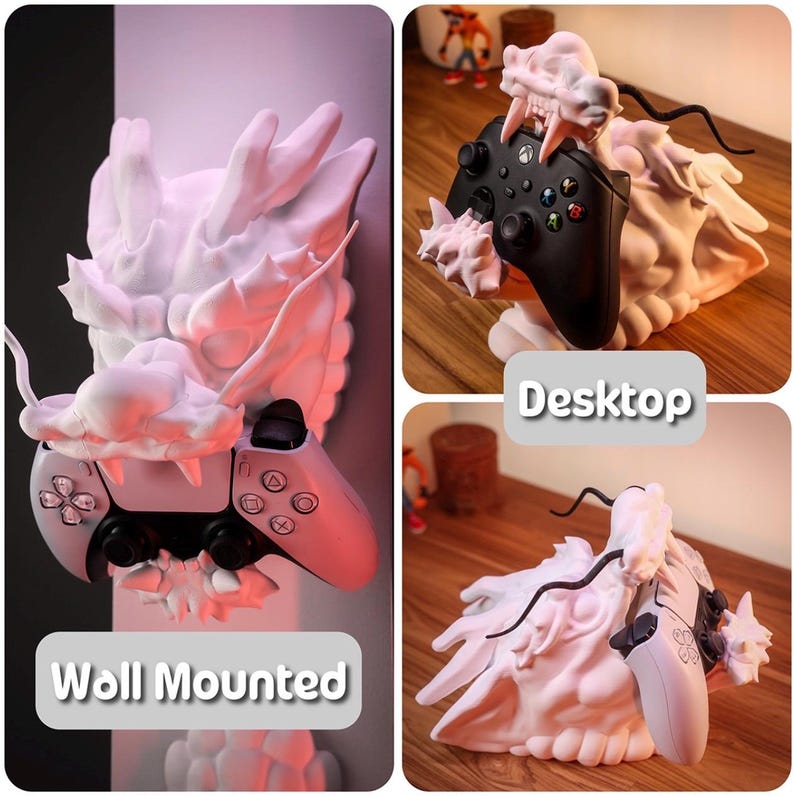 May include: White dragon-shaped wall mount and desktop stand for a video game controller. The wall mount has a white controller in it, and the desktop stand has a black controller in it. The text "Wall Mounted" is at the bottom of the wall mount image, and the text "Desktop" is at the bottom of the desktop stand image.