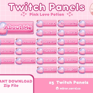 Cute Pink Love Potion Valentine&#39;s Stream Panels for Twitch