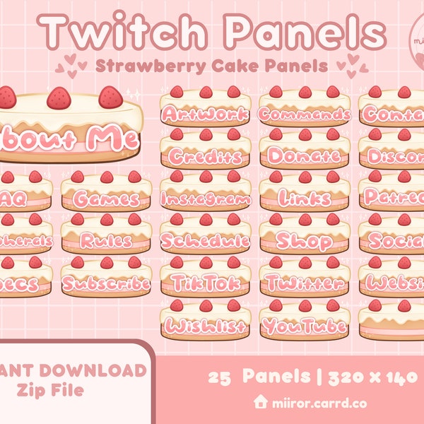Kawaii Strawberry Cake Pink Pastry/Dessert Stream Panels for Twitch