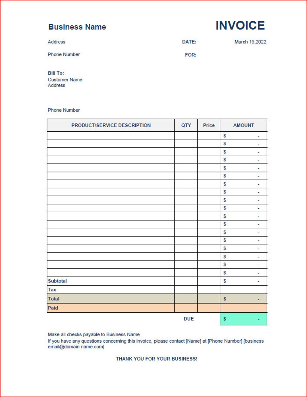Simple Product-service Invoice With Tax Calculation-excel and Pdf Files ...