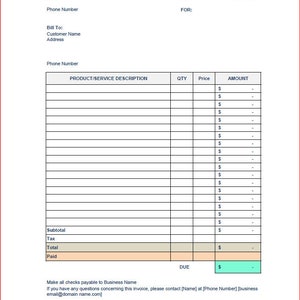 Facture produit-service simple avec calcul des taxes - fichiers excel et pdf / modifiable