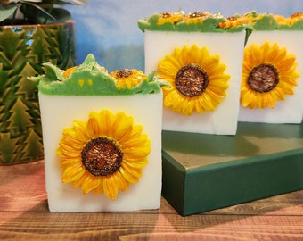 Cheerful Sunflower Soap, Handpainted, Goatmilk, Sunflower Sandalwood, Fall, Autumn, Gift