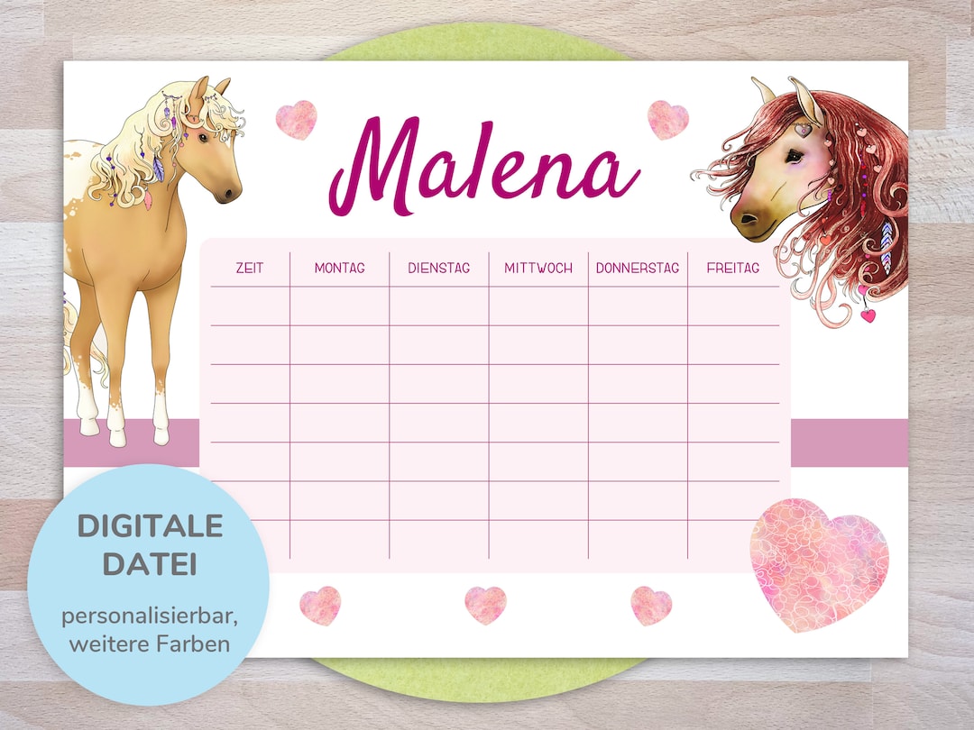 Stundenplan Personalisiert Mit Pferde-motiv, Zum Selbstausdrucken