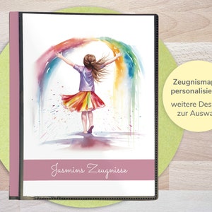 personalisierte Zeugnismappe für die Schule, mit Regenbogen und Mädchen