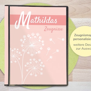 Zeugnismappe, personalisiert mit Namen, Pusteblume, Geschenk zur Einschulung