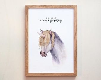 Aquarelldruck Einhorn, Geschenk für Kinder, Kunstdruck Fine Art Print Wanddeko, ohne & mit Spruch "Du bist einzigartig"