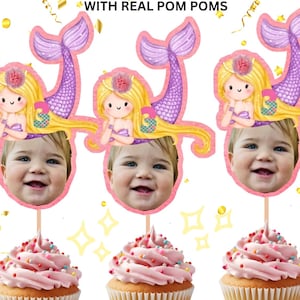 Custom Kids Face Cupcake Toppers, Mermaid Party Personalized Head Cupcake Topper,Cake Topper Baby Face Cupcake Topper Mermaid Birthday Party
