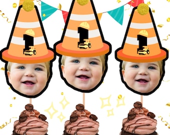 Custom Construction Face Cupcake Toppers,Personalized CONSTRUCTION Party Decor,Baby Face Cupcake Toppers, Under Construction Trucks Cupcake