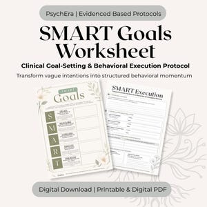 以下が含まれることがあります： SMART GoalsワークシートとSMART Executionフォーム。臨床的な目標設定プロトコルが記載されています。文書にはテキストヘッダー、具体的、測定可能、達成可能、関連性があり、期限が定められた目標のための構造化されたセクション、および花のアクセントが含まれています。