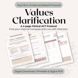 Op de afbeelding: Een 4-pagina klinisch ACT-protocol getiteld Values Clarification, met secties over doelen, waarden in actie, een waardenbank en een uitlijningsaudit. Het document bevat tekst, selectievakjes en lijnen om op te schrijven, met zachtroze accenten.