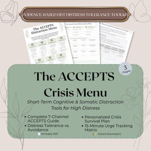 May include: A three-page printable PDF toolkit titled Evidence-Based DBT Distress Tolerance Toolkit. It includes The ACCEPTS Distraction Menu, a Personal Crisis Distraction Plan, and a 15-Minute Urge De-Escalation Tracking sheet with black text on white paper.