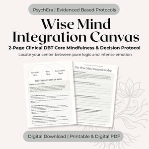 May include: A two-page digital document titled Wise Mind Integration Canvas, featuring a Venn diagram of Emotion Mind, Wise Mind, and Reasonable Mind. The text includes The Three States of Mind and The Wise Mind Integration Map with prompts.