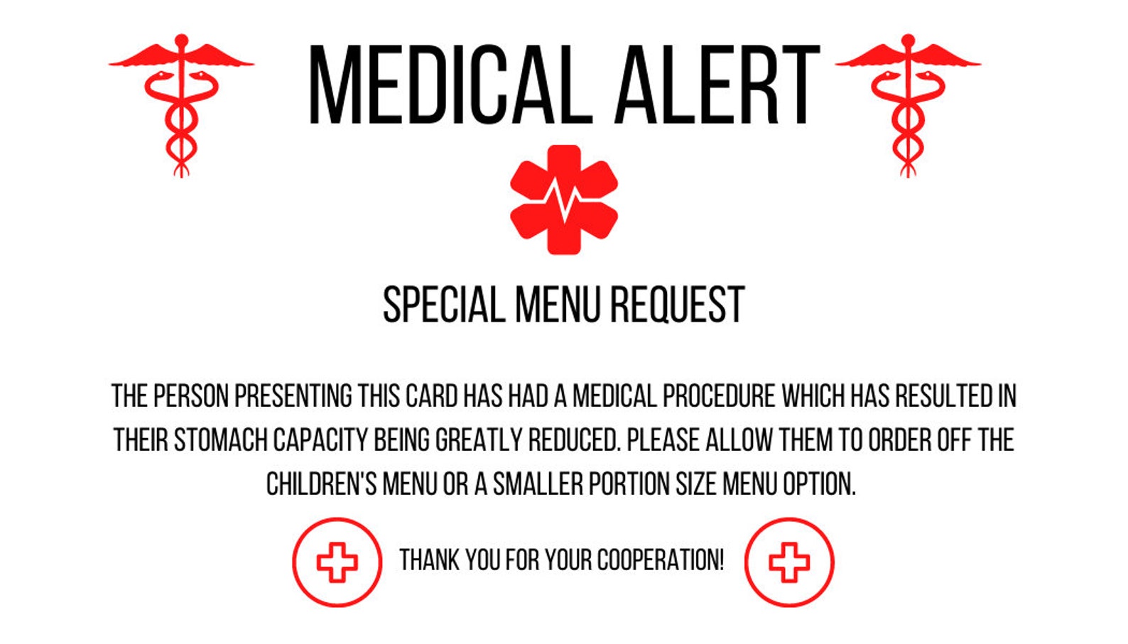 Bariatric Restaurant Small Portion Meal Card Etsy