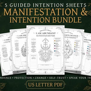 Puede incluir: Un conjunto de cinco hojas de intención de papel blanco con ilustraciones de líneas negras, símbolos celestiales y texto que incluye 'I AM ABUNDANT', 'I AM PROTECTED', 'I TRUST', 'EMBRACE CHANGE' y 'SPEAK YOUR TRUTH' en formato PDF.