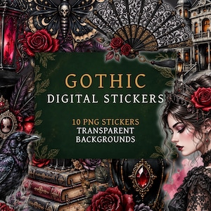 Peut inclure: Une collection d'autocollants numériques avec un corbeau noir, des roses rouges, un haut-de-forme, un éventail en dentelle, un manoir gothique et une personne aux cheveux sombres ornés de roses. Le texte indique GOTHIC DIGITAL STICKERS, 10 PNG STICKERS.