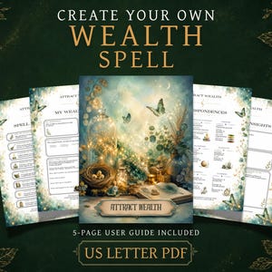 May include: A five-page digital document titled CREATE YOUR OWN WEALTH SPELL, featuring a central illustration of a bird's nest with golden eggs under a glass dome, surrounded by butterflies, an open book, and text labeled ATTRACT WEALTH.