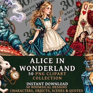 May include: A digital collection of Alice in Wonderland illustrations featuring a blue caterpillar, a girl with a key, the Queen of Hearts, a white rabbit with a pocket watch, and a blue glass bottle with a tag reading Drink Me in gold text.