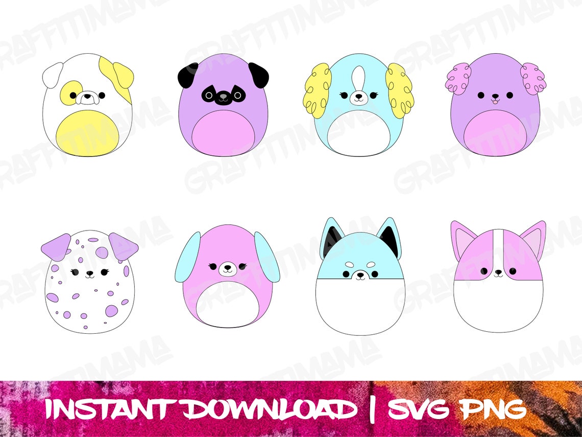 8 Pink & Purple Dog Squishmallow Clip Art SVG PNG AI for Kids