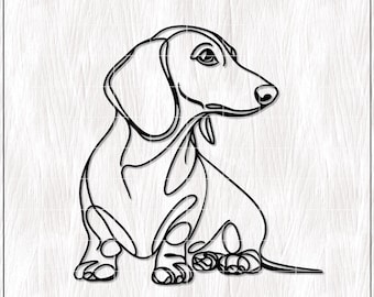 以下が含まれることがあります： 横を向いて座っているダックスフントの線画イラスト。犬は1本の連続した線で描かれています。