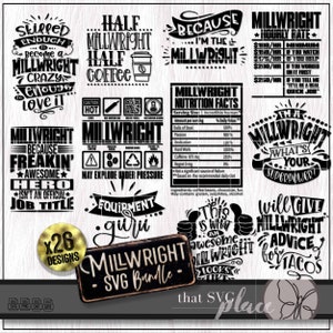 Puede incluir: Un conjunto de 26 diseños SVG en blanco y negro con refranes humorísticos sobre los montadores. Los diseños incluyen frases como "Skilled Enough to Become a Millwright", "Half Millwright Half Coffee", "Millwright Because I'm the Millwright", "Millwright Nutrition Facts", "Millwright What's Your Superpower", "Millwright Because Freakin' Awesome", "Millwright Hero Isn't an Official Job Title", "Millwright May Explode Under Pressure", "Millwright Equipment Guru", "This is What an Awesome Millwright Looks Like", "Will Give Millwright Advice for Tacos", and "Millwright Hourly Rate".