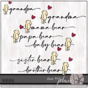 Mama Bear Papa Baby Zus Broer Familie Beer SVG, klassieke Winnie de Poeh SVG, PNG, klassieke Pooh clipart Cricut Cut-bestand, digitale download