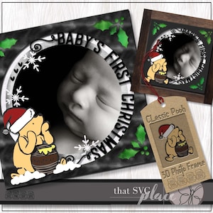 Baby's First Christmas Winnie de Poeh SVG, 3D-fotolijst SVG, klassieke Pooh SVG, fotolijstjes SVG, Shadow Box-sjabloon, Cricut Cut-bestanden