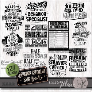 May include: A black and white digital design bundle with 24 different designs featuring the text "Behaviour Specialist" with various sayings and illustrations. The designs are perfect for creating t-shirts, mugs, tote bags, and other crafts.