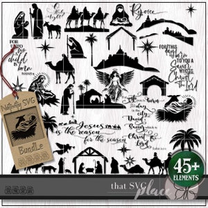 Pacchetto SVG Natività, Gesù Bambino SVG PNG Clipart, Presepe Svg Png, Angelo Svg, Vergine Maria Svg, Silhouette Cricut Cut File