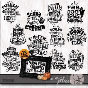May include: A black and white digital design bundle featuring 18 Halloween-themed SVG files with puns and sayings related to the legal profession. The designs include phrases like "Scary til I get to coffee", "World's Most Boo-tiful Paralegal", and "This Paralegal is fuelled by pumpkin spice".