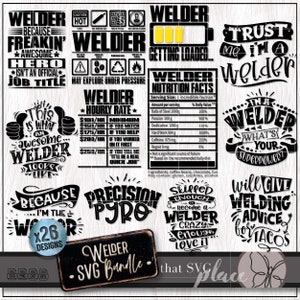 Peut inclure: Un ensemble de 26 designs SVG noirs et blancs pour les soudeurs. Les designs présentent diverses phrases et graphiques, notamment "Soudeur parce que c'est génial", "Informations nutritionnelles du soudeur", "Faites-moi confiance, je suis un soudeur" et "Voilà à quoi ressemble un excellent soudeur".