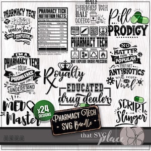 Könnte beinhalten: Eine Sammlung von 24 Apotheken-Themen-SVG-Designs in Schwarz und Weiß mit grünen Akzenten. Die Designs enthalten Sätze wie "Pharmacy Tech", "Pill Prodigy" und "Script Slinger". Das Bild zeigt auch ein "Pharmacy Tech SVG Bundle"-Etikett.