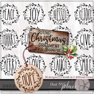 Paquete SVG de adorno de Navidad, archivo de corte Cricut SVG, Laser Glowforge SVG, adorno redondo svg, alegría svg, uso comercial
