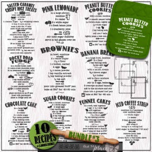 Może przedstawiać: Drukowana karta z 10 przepisami na różne desery i wypieki, w tym chrupiące ciasteczka ryżowe z solonym karmelem, różową lemoniadę, ciasteczka z masłem orzechowym, fudge rocky road, brownie, chleb bananowy, ciasteczka cukrowe, ciasta w kształcie lejka i syrop do lodowatej kawy. Przepisy są napisane czarnym tekstem na białym tle z zielonym uchwytem do garnka w prawym górnym rogu.