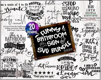 May include: A collection of 20 funny bathroom sign designs in black and white. The signs feature humorous phrases like "This is a bathroom, not an internet cafe" and "Welcome to the best seat".