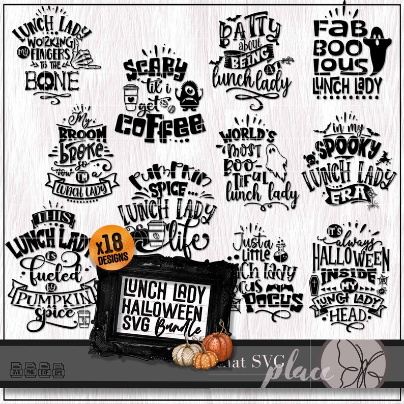 K&ouml;nnte beinhalten: Ein digitales Design-Paket mit 18 Halloween-motiven in Schwarzwei&szlig;. Die Designs beinhalten S&auml;tze wie "Lunch Lady", "Pumpkin Spice", "Spooky Era" und "World's Most Boo-tiful Lunch Lady".