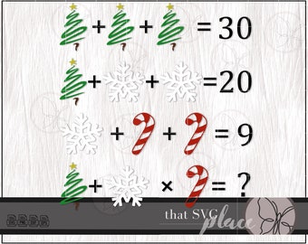Op de afbeelding: Een kerst-thema wiskundepuzzel met groene kerstbomen, witte sneeuwvlokken en rood-witte zuurstokken. De vergelijkingen worden weergegeven op een getextureerde witte achtergrond. De onderste vergelijking vraagt de kijker om de uitkomst te berekenen.