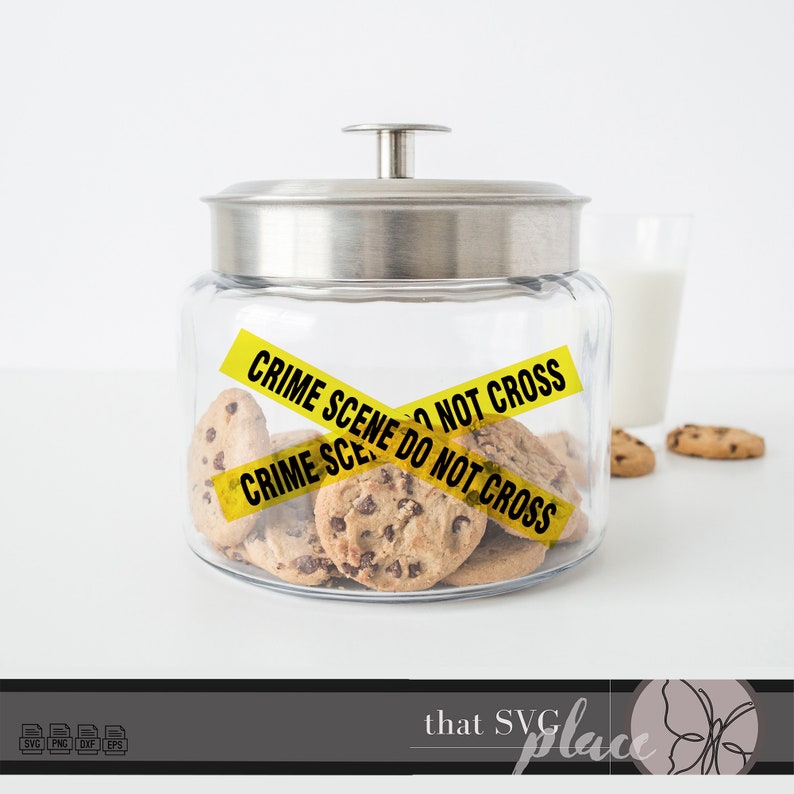 May include: A glass cookie jar with a silver lid and yellow crime scene tape that reads "Crime Scene Do Not Cross". The jar is filled with chocolate chip cookies.