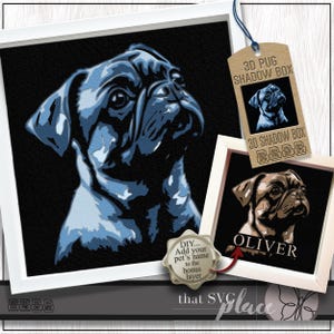 Mops SVG # 2, Schattenbox Vorlage, Papierschnitt Lichtbox, Haustier-Denkmal, Hund Schattenbox SVG, Cricut Schneidedatei