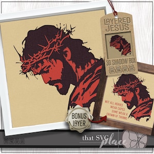 Visage de Jésus 3D SVG, modèle Shadowbox en couches, caisson lumineux en papier découpé, couronne d'épines, Pâques Shadow Box SVG, chrétien, fichier de coupe Cricut